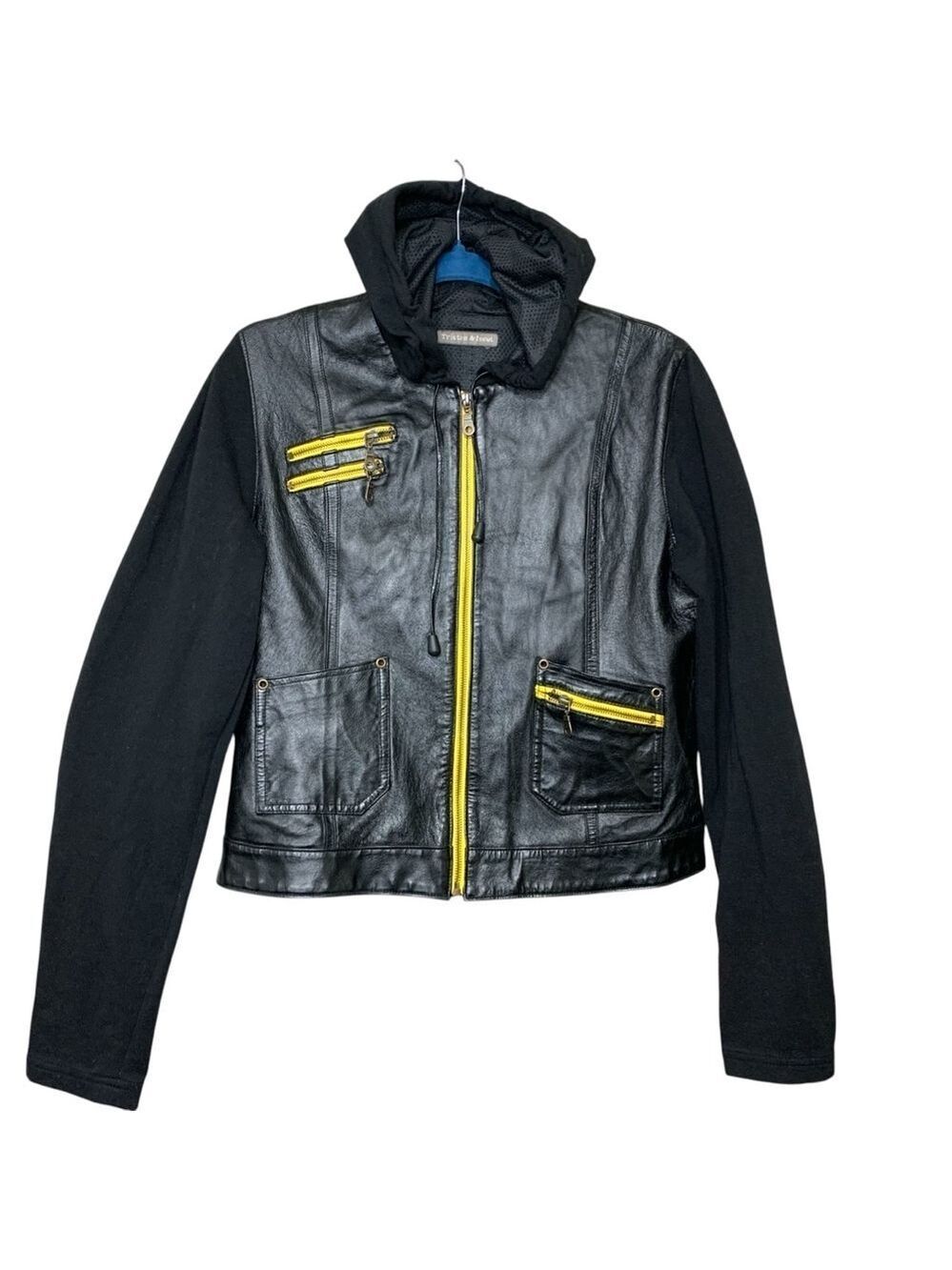 Vintage Black Leather Biker Jacket Hooded Yellow Zip Sz M Cotton Sleeves Y2K